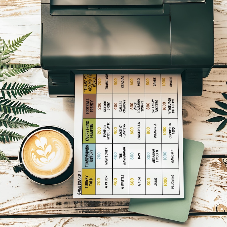 Op de afbeelding: Een close-up van een bedrukt vel papier met een spelbordontwerp. Het bord is verdeeld in vierkanten met verschillende kleuren en nummers. De vierkanten zijn gelabeld met verschillende Thanksgiving- en voetbalthema's. Het papier wordt in een zwarte printer gevoerd.