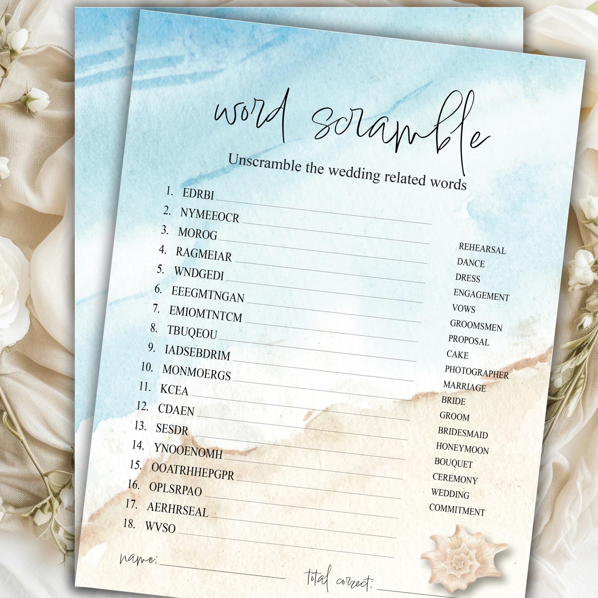 Printable Wedding Word Scramble Game for Bridal Shower Wedding Shower ...