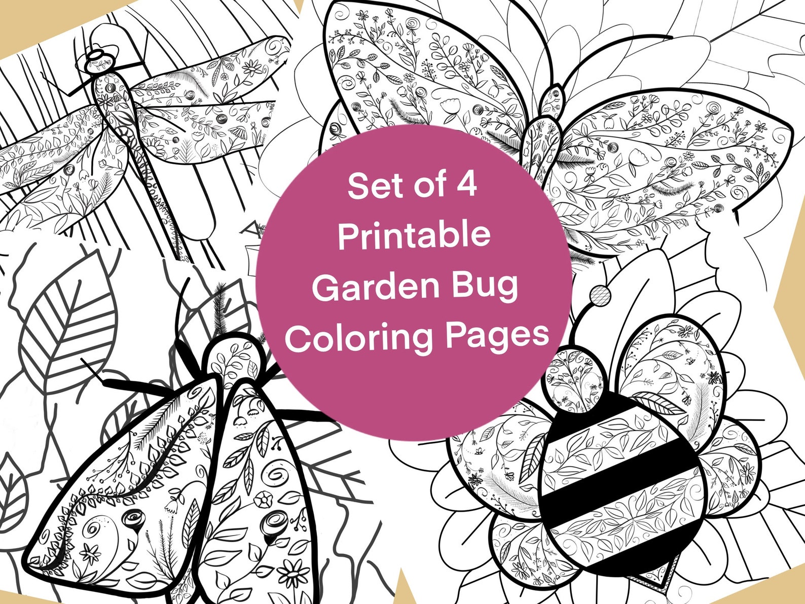 Set of Four Printable Garden Bug Coloring Pages | Etsy