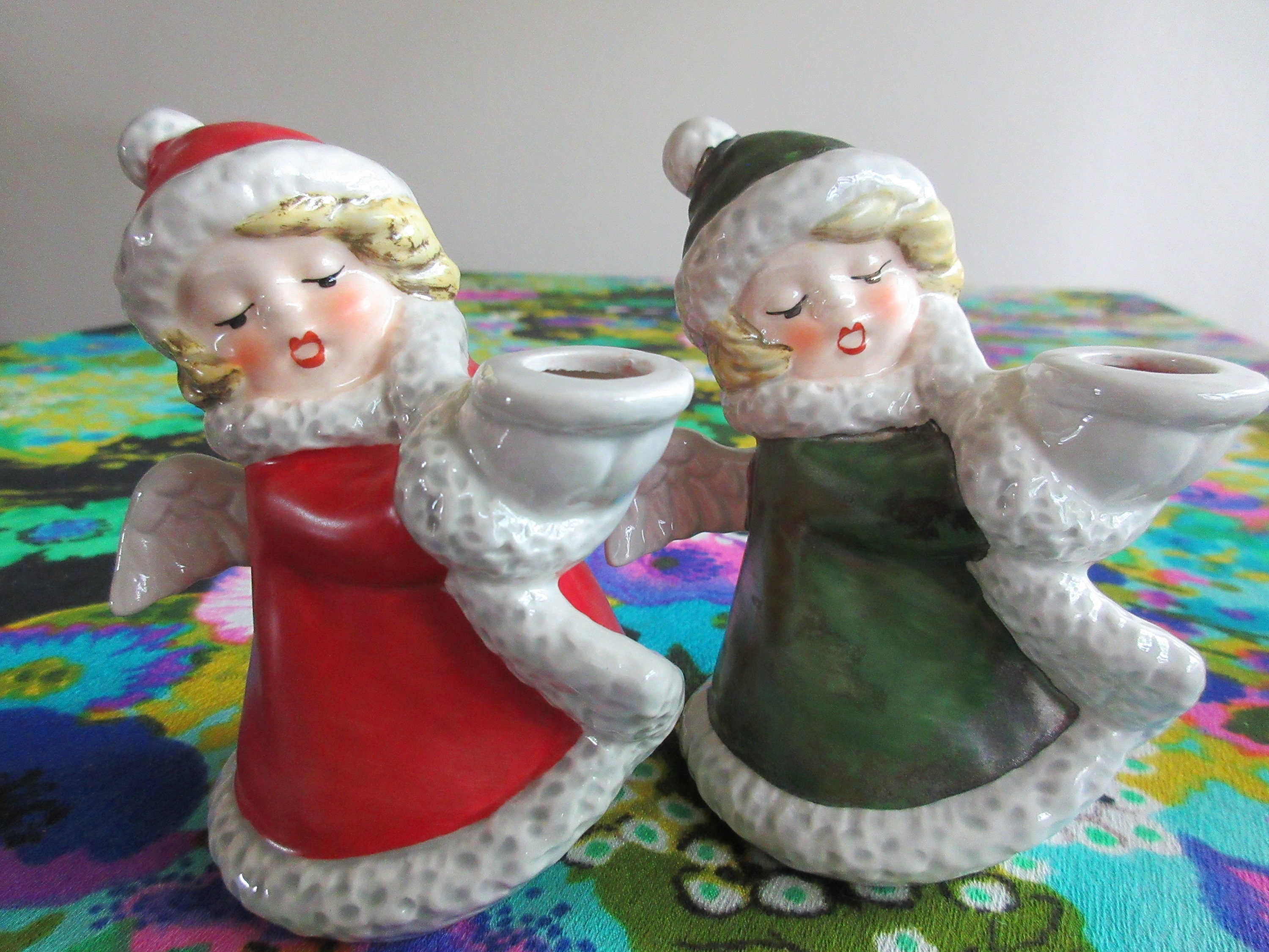Vintage Pair of Red & Green Goebel Angel Candleholders / 