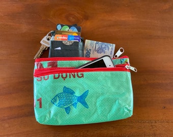 Recycled purse with 2 zippers