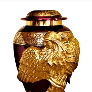 Brass Angel Urn for Ashes.  Red Urn for Human Ashes - Angel of Comfort Urn for Adult Ashes