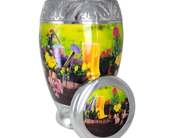 Gardening Cremation Keepsake Urn: Garden Tools & Flowers Memorial - 3 Inch