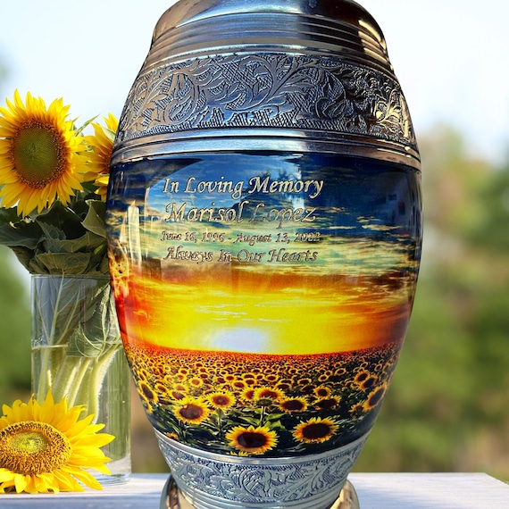 Embossed Sunflower Blue Cremation Urn - Solid Brass Florentine Blue Ur Blue Sunflower Engraved Brass Cremation Urn - 3 Sizes Available - Etsy