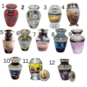 May include: Twelve different small metal urns with various designs and colors. The urns are about 4 inches tall and have a silver lid. Some of the designs include flowers, butterflies, a horse, and a sunset.