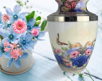 Butterfly Cremation Urn for Ashes – Floral Memorial Urn with Pink & Blue Flowers – Elegant Adult or Keepsake Funeral Urn for Women Tribute