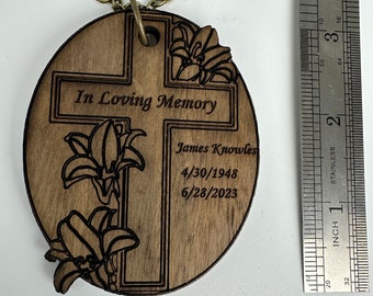Personalized Wood Urn Tag: Engraved Cross & Lilies Memorial