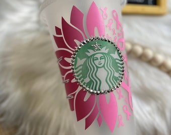 Starbucks Reuseable Cold Cup, Breast Cancer Awareness Pink Ribbon Bling Cup