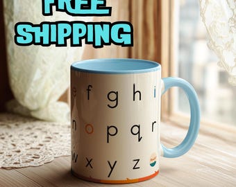Alphabet White Mug for Kids and Teachers ABC Coffee Mug with Lowercase Letters Educational Gift Fun Letter Learning Cup Preschool Drinkware