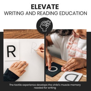 Puede incluir: Un ni&ntilde;o traza la letra "R" en una superficie blanca con un l&aacute;piz, utilizando una ficha de letra t&aacute;ctil como gu&iacute;a. La experiencia t&aacute;ctil ayuda a desarrollar la motricidad fina necesaria para escribir.