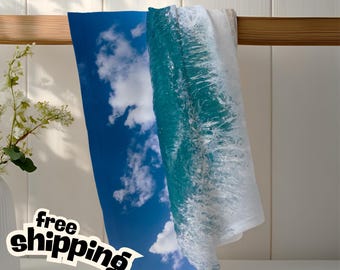 Ocean Wave Cotton Tea Towel: Coastal Beach Kitchen Decor