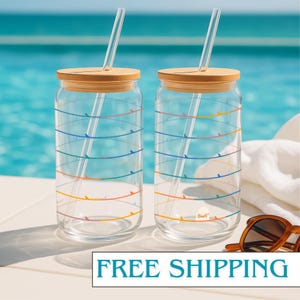 Ocean Wave Sipper Glass Tumbler Glass Cup Lid Aesthetic Tumbler Bamboo Lid Glass Jar 16oz Drinking Summer Cup Reusable Iced Coffee