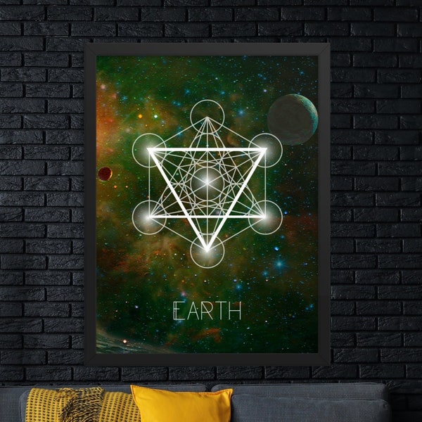 Earth Element in Metatron's Cube Poster, Alchemy Symbols, Sacred Geometry Wall Art, Astrology Wall Art, Art Print, Instant Digital Download