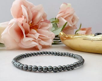 4mm Hematite Beaded Bracelet | Polished Hematite Gemstone Bead Bracelet | Shop Metaphysical Crystal Bracelets, Root Chakra