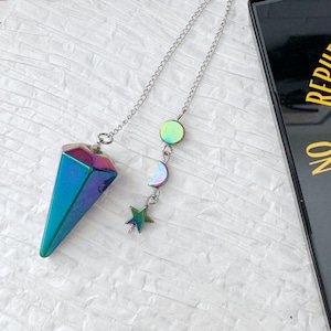 Rainbow Hematite Moon & Stars Pendulum | Hexagonal 6-Sided Rainbow Hematite Celestial Crystal Pendulum | Witches Dowsing Divination Tool