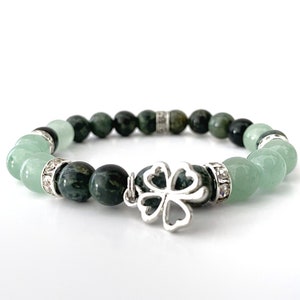 Green Aventurine & Kambaba Jasper Beaded Bracelet | 8mm Lucky Clover Bead Stretch Bracelet | St Patrick&#39;s Day Gift, Irish Gift Idea