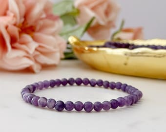 4mm Lepidolite Beaded Bracelet | Polished Purple Gemstone Stretch Jewelry | Crown Chakra