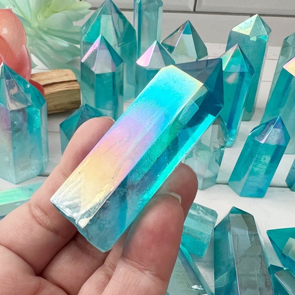 Aqua Aura Quartz Point | Aqua Aura Quartz Crystal | Polished Aqua Aura Quartz Point 2-3.5" | Shop Metaphysical Crystals | Aura Quartz Stone