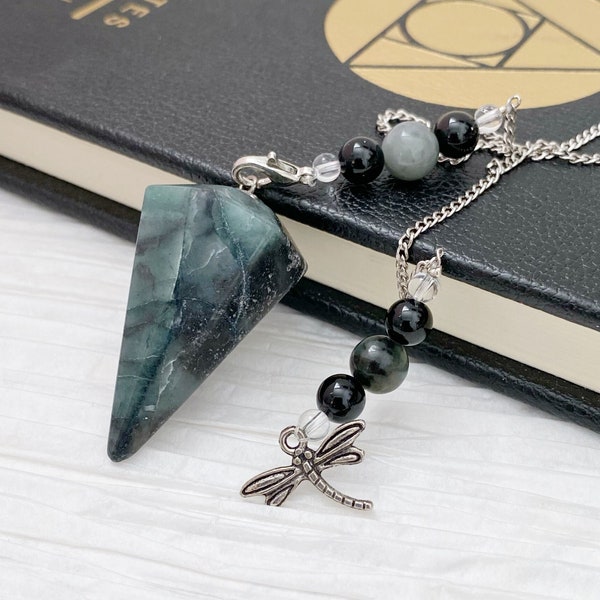 Emerald Crystal Pendulum | 6 Sided Hexagonal Emerald Pendulum w/Dragonfly | Dowsing Pendulum, Witches Pendulum with Dragonfly Charm