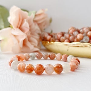 8mm Sunstone Beaded Bracelet | Polished Sunstone Gemstone Bead Stretch Bracelet | Shop Metaphysical Orange Crystals for Sacral Chakra