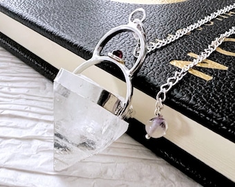 Raw Apophyllite Pendulum with Garnet Accent & Silver Sun-Moon Embrace | Crystal Dowsing Pendulum for Divination, Guidance, Spiritual Tool