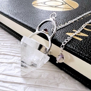 Raw Apophyllite Pendulum with Garnet Accent & Silver Sun-Moon Embrace | Crystal Dowsing Pendulum for Divination, Guidance, Spiritual Tool