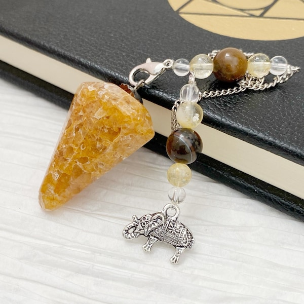 Golden Healer Quartz Crystal Pendulum | 6 Sided Hexagonal Golden Healer Pendulum w/Lucky Elephant | Divination, Dowsing, Witches Pendulum