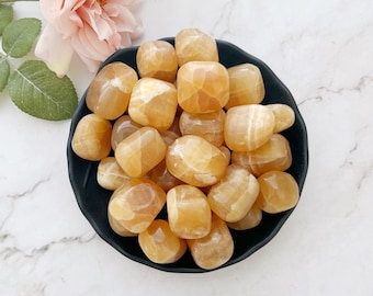 Honey Calcite Tumbled Stones | Polished Dark Yellow Honey Calcite Gemstones | Shop Metaphysical Crystals for Solar Plexus, Sacral Chakras