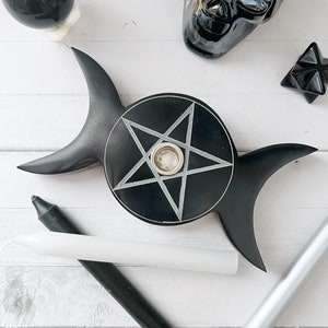 6" Black Soapstone Pentacle Candle Holder for Ritual Candles, Triple Moon Chime Candle Holder, Candle Holder for Spells, Candle Magic, Altar