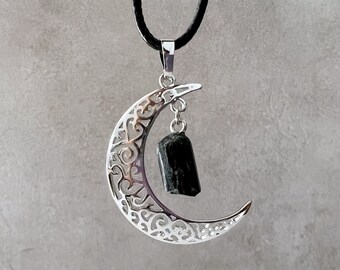 Silver Crescent Moon & Black Tourmaline Crystal Pendant Necklace | 1.5" Moon Pendant Black Tourmaline Charm | Shop Metaphysical Crystals