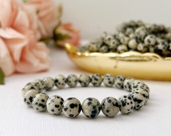 8mm Dalmatian Jasper Beaded Bracelet | Polished Dalmatian Jasper Gemstone Bead Stretch Bracelet | Shop Metaphysical Crystal Jewelry