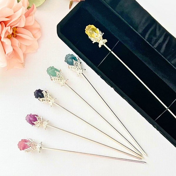 6" Silver Hair Stick with Fluorite Rose | Rainbow Fluorite Floral Hair Pin - A Timeless Gift for Mothers, Friends, Brides, Flower Girl