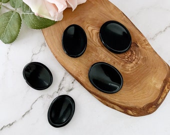 Polished Black Obsidian Worry Stone: Oval Shaped Thumb Stone, Root Chakra