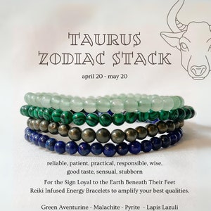 Taurus Crystal Bracelet Set: 4mm Beaded Stretch Bracelets, Aventurine, Pyrite, Malachite, Lapis Lazuli