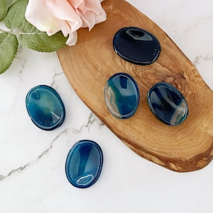 Blue Onyx Worry Stone | Polished Oval Blue Onyx Gemstone Touchstones (Dyed) | Shop Metaphysical Crystals for Third Eye & Throat Chakra