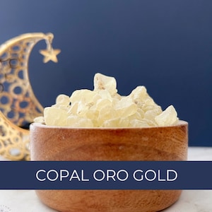 May include: A wooden bowl filled with golden copal resin, labeled "COPAL ORO GOLD".