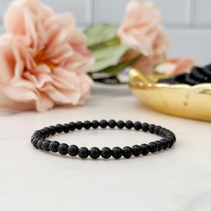 4mm Black Obsidian Beaded Bracelet: Delicate Gemstone Stretch Bracelet for Average Wrists