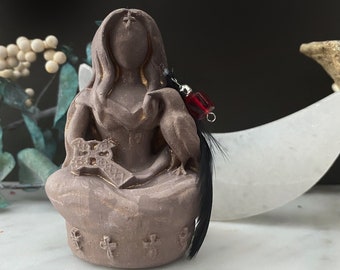 Morrigan Statue: Celtic Goddess Figurine with Raven, Gypsum Stone Altar Decor