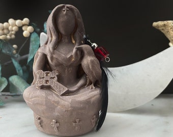 Morrigan Raven Goddess, Celtic Goddess Morrígu, Morrigan Statue w/Raven and Feathers, Gypsum Stone, Goddess Altar Figurine, Mór-Ríoghain