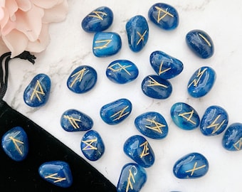 Blue Onyx Runes Stones | Set of 25 Elder Futhark Blue Onyx Runes for Divination | Witchy, Nordic, Norse, Viking, Pagan Occult Supply Tool