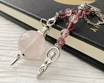 Rose Quartz Crystal Pendulum, Rose Quartz Crystal Ball Pendulum w/Goddess Charm, Rose Quarts Pendulum Ball, Dowsing Pendulum, Witch Pendulum