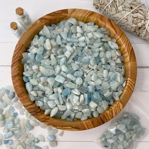 Aquamarine Crystal Chips | Polished Aquamarine Mini Roller Ball Crystal Gemstone Chips for Orgone, Candles, Crafts, Jewelry, Spells, Art
