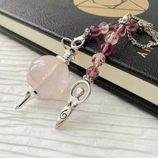 Rose Quartz Crystal Pendulum, Rose Quartz Crystal Ball Pendulum w/Goddess Charm, Rose Quarts Pendulum Ball, Dowsing Pendulum, Witch Pendulum