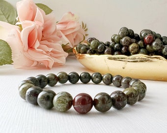 8mm Dragons Blood Jasper Beaded Bracelet | Polished Dragonblood Jasper Gemstone Bead Stretch Bracelet | Shop Green Metaphysical Crystals