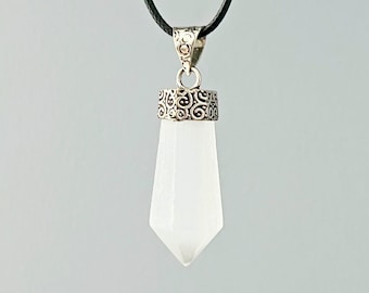 1.5" Selenite Point Pendant | Polished Faceted 6 Sided Selenite Crystal Necklace