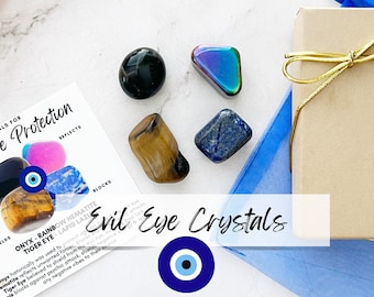 Evil Eye Protection Crystal Kit: Set of 4 Tumbled Stones, Onyx, Hematite, Tiger Eye, Lapis Lazuli