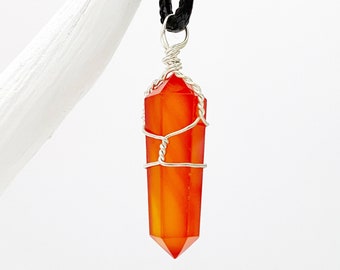 1.5" Double Terminated Carnelian Point Pendant | Polished Wire Wrapped Carnelian Crystal Pendant | Shop Metaphysical Crystals, Sacral Chakra