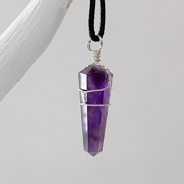 Wire Wrapped Amethyst Crystal Pendant or Necklace | 1.5" Double Terminated Amethyst Point Pendant | Shop Metaphysical Crystals & Stones