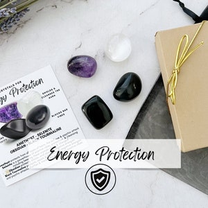 Energy Protection Crystal Set: Amethyst, Selenite, Obsidian, Black Tourmaline Tumbled Stones