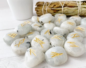 Rainbow Moonstone Runes | Rainbow Moonstone Crystal Rune Set | Set of 25 Moonstone Elder Futhark Runes | Norse Runes, Viking Runes, Pagan